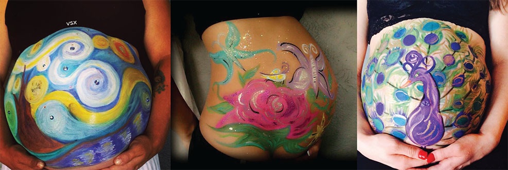 Closeup collage of three bellies with artwork painted on them.  One is Van Gogh, one is a butterfly, and one is apeacock.