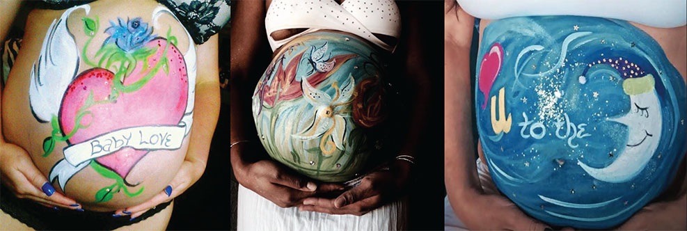 Closeup collage of three bellies with artwork painted on them. One says baby love, one is flowers, one is the moon.