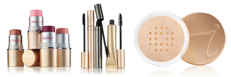 A collage of product images of Jane Iredale Makeup.  Left to right is lipstick, mascara, and foundation.