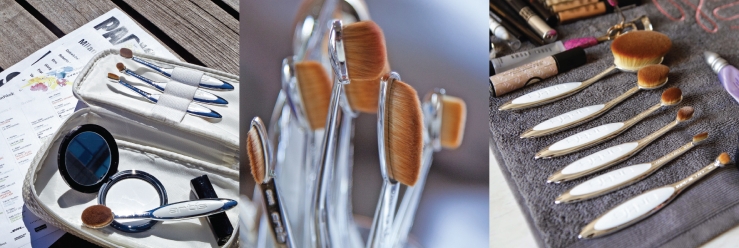 A collage of product images of Artis makeup brushes with various backgrounds.